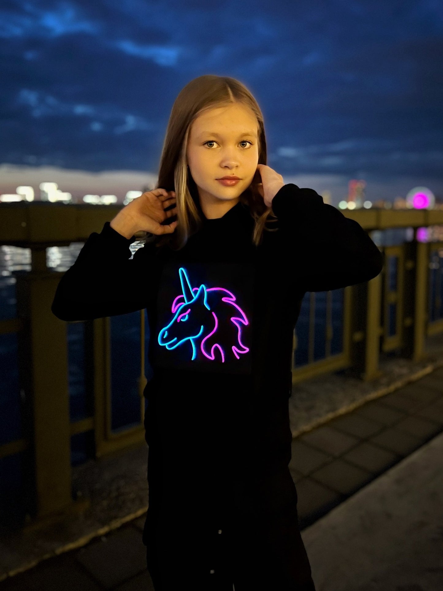 🦄 Neon Hoodie with Unicorn Head Design: Magical Glow in Every Stitch! 🦄